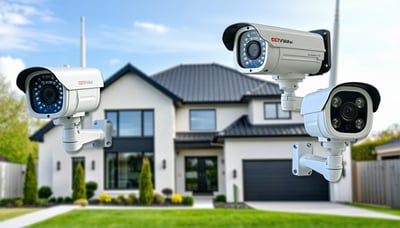Illustration of CCTV and Wi-Fi cameras securing a home and a business